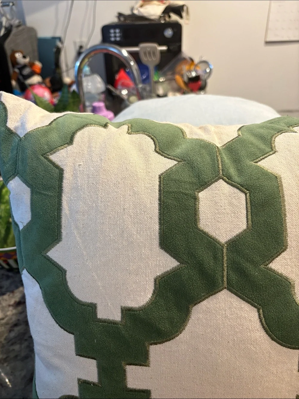 Cream and Green Geometric Accent Pillow